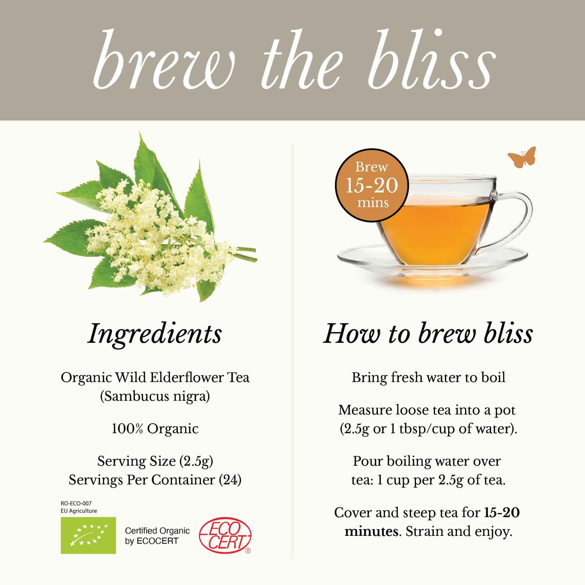 Wild Bliss Elderflower Tea dried flowers closeup shows natural bloom.