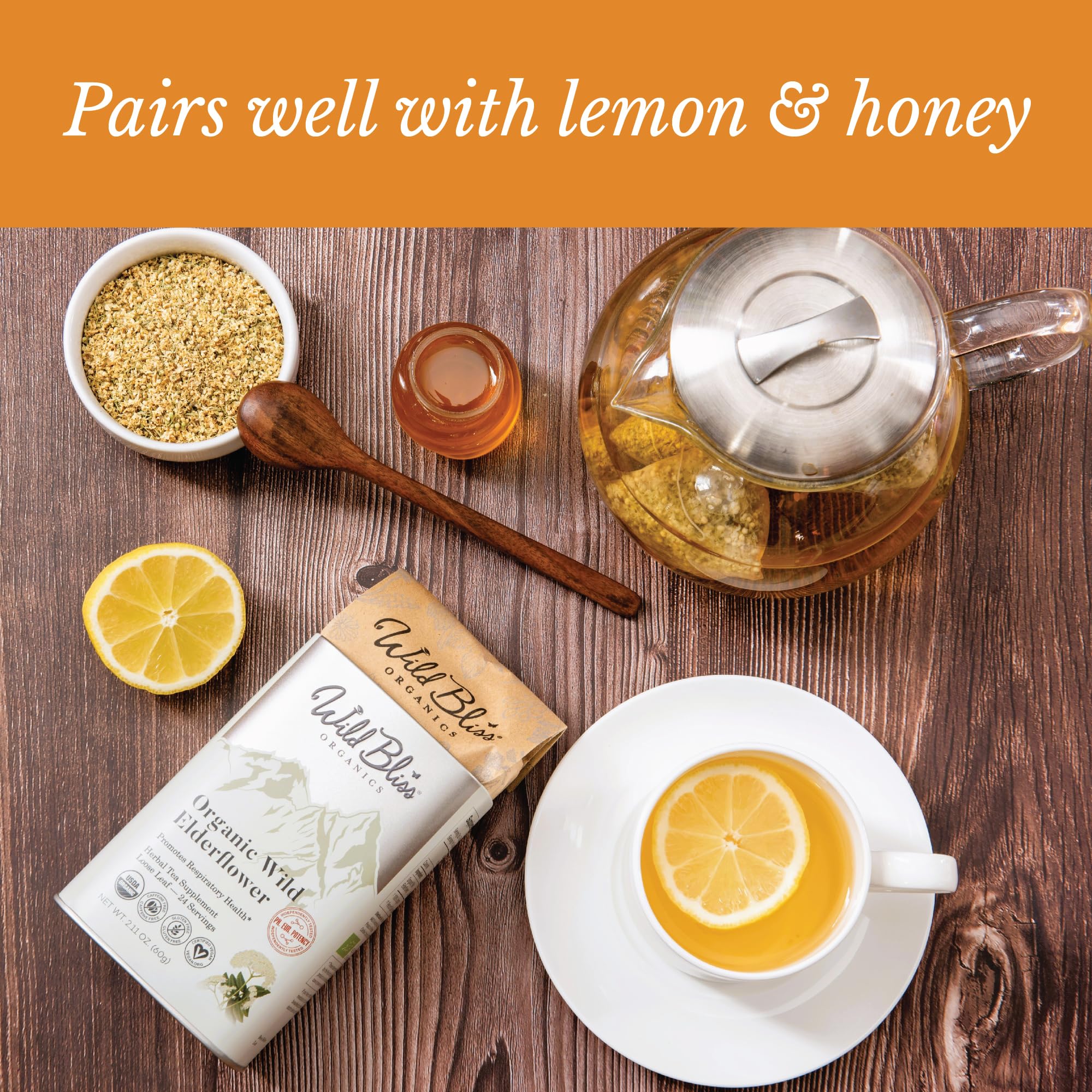 Wild Bliss Elderflower Tea label detail conveys purity with no artificial flavors.