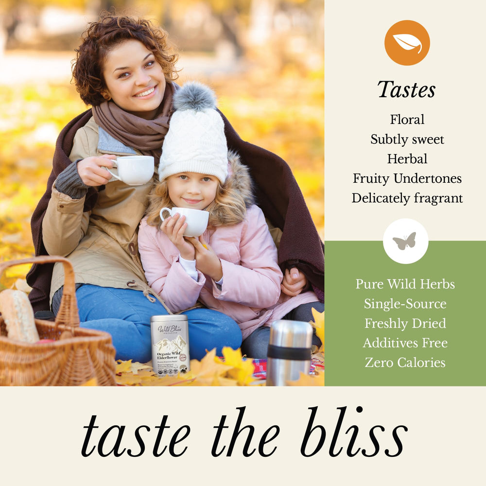 Wild Bliss Elderflower Tea mountain sourcing highlights wild-crafted origin.
