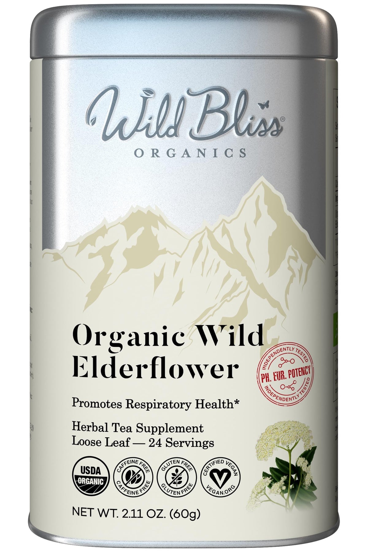 Wild Bliss Elderflower Tea packaging showcases organic, single-origin quality.
