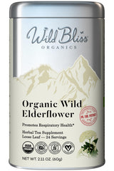 Wild Bliss Elderflower Tea packaging showcases organic, single-origin quality.