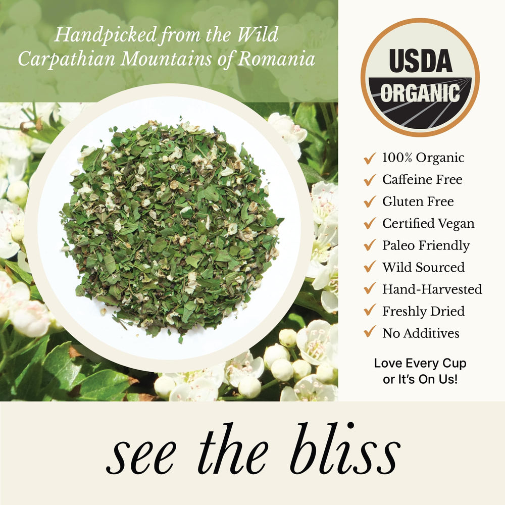 Wild Bliss Hawthorn Tea brewed cup presents a caffeine-free, relaxing ritual.