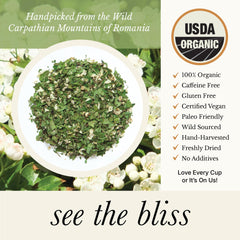 Wild Bliss Hawthorn Tea brewed cup presents a caffeine-free, relaxing ritual.