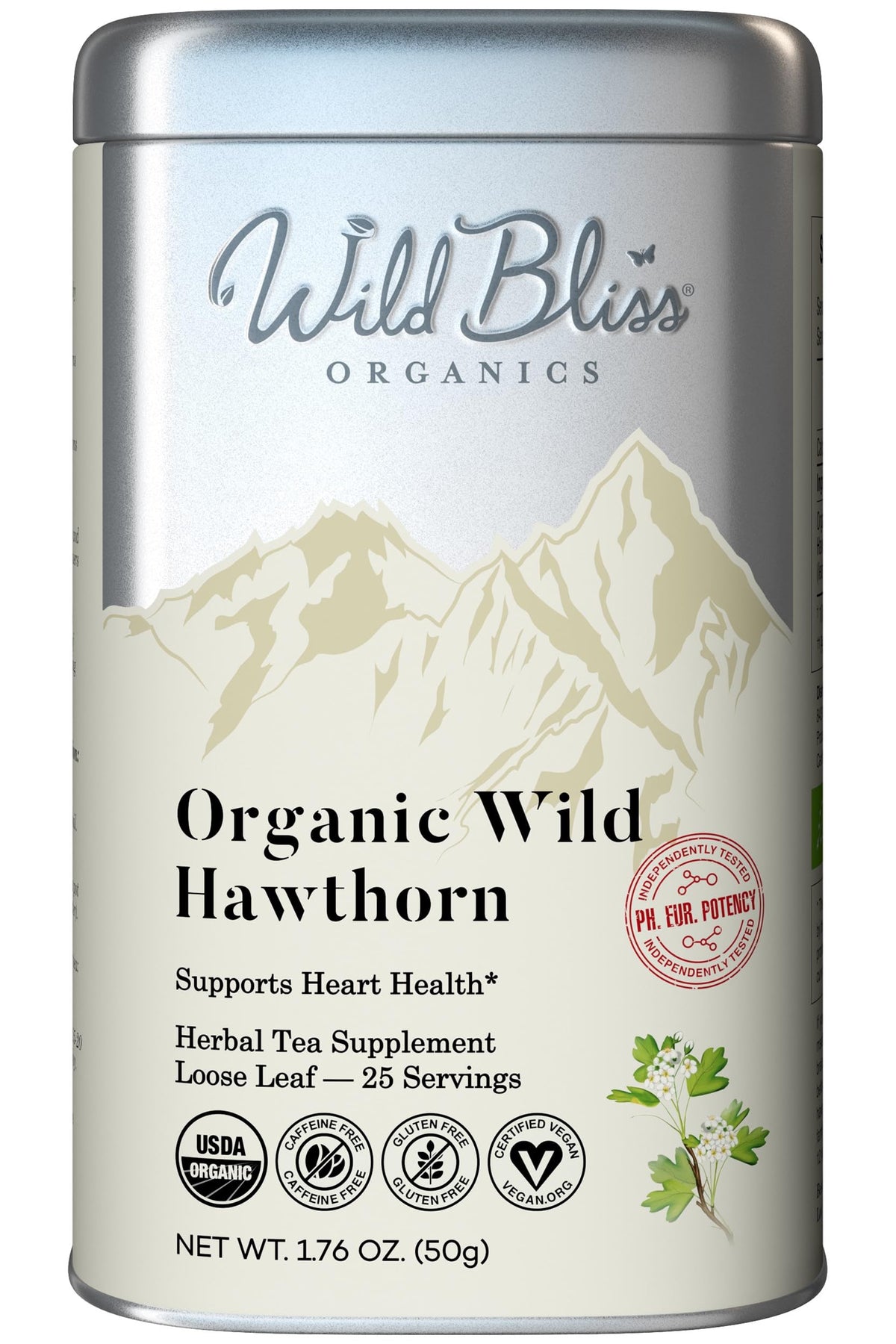 Wild Bliss Hawthorn Tea leaf and flower bundle shows wild-sourced ingredients.
