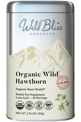 Wild Bliss Hawthorn Tea leaf and flower bundle shows wild-sourced ingredients.