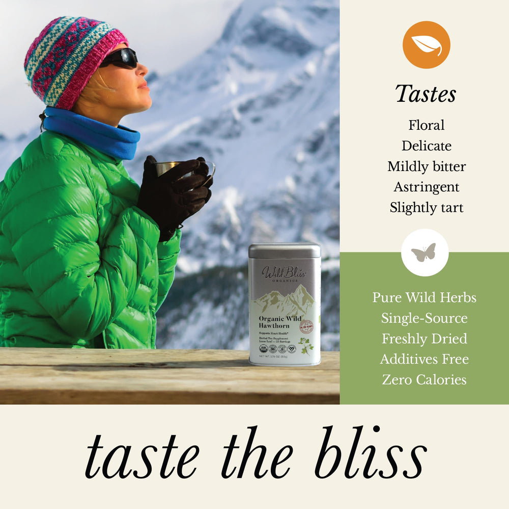 Wild Bliss Hawthorn Tea Romania origin image emphasizes fresh harvest and potency.