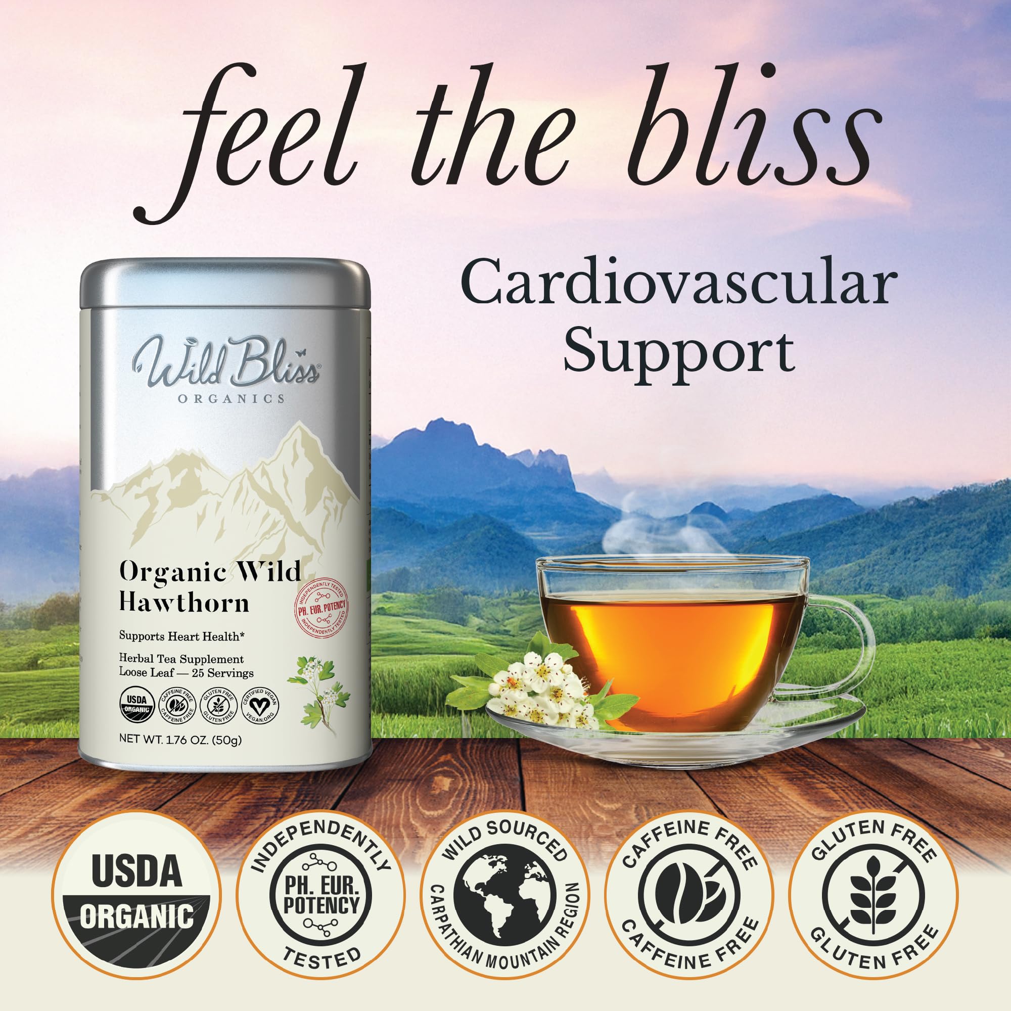 Wild Bliss Hawthorn Tea packaging highlights single-origin organic hawthorn leaves and blossoms.