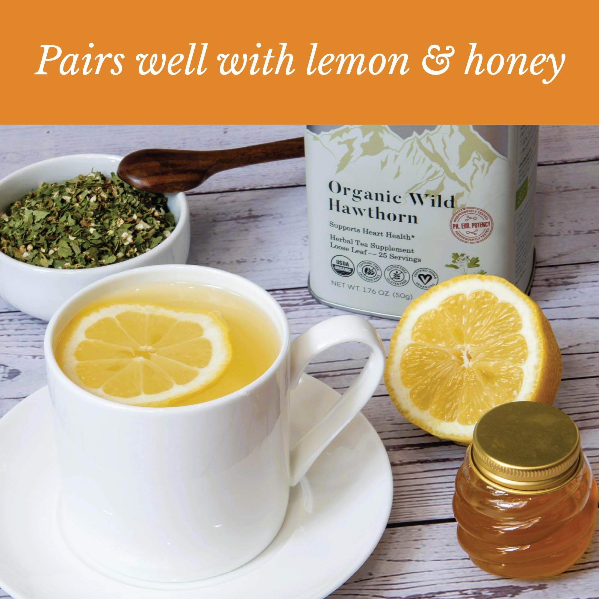 Wild Bliss Hawthorn Tea ready-to-steep scene suggests heart-friendly, caffeine-free sipping.