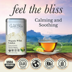 Wild Bliss Linden Flower Tea cup with steam illustrates a caffeine-free soothing moment.