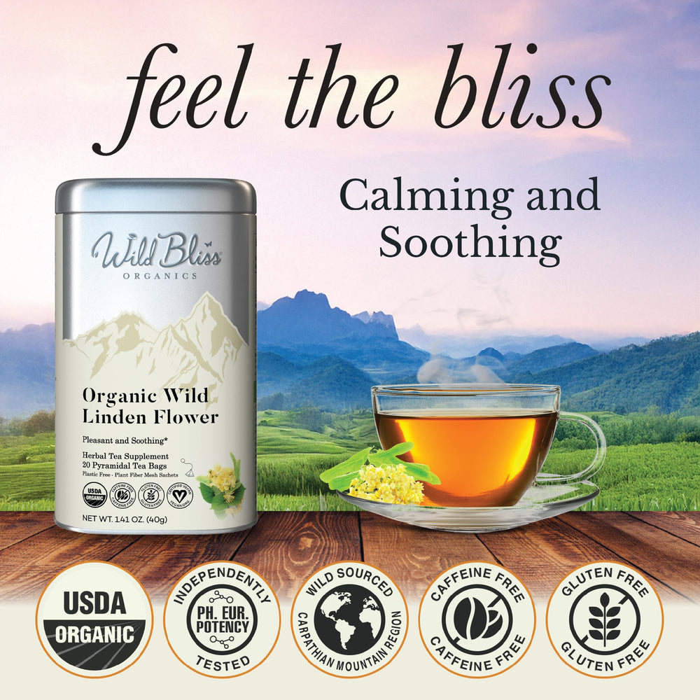 Wild Bliss Linden Flower Tea cup steaming reveals a honey aroma ideal for unwinding.