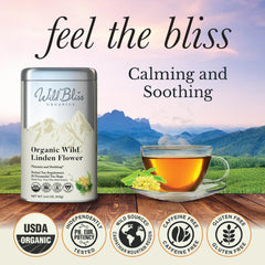 Wild Bliss Linden Flower Tea cup steaming reveals a honey aroma ideal for unwinding.