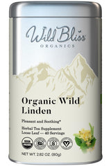 Wild Bliss Linden Flower Tea pack shot highlights premium organic packaging for a calming ritual.