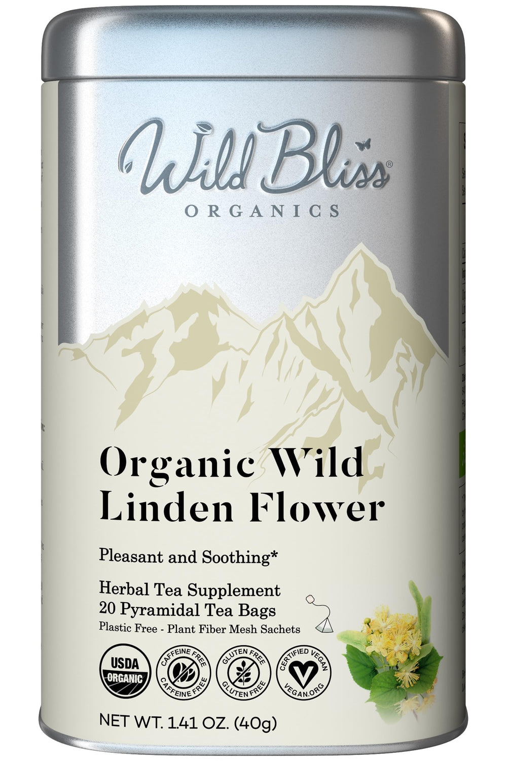 Wild Bliss Linden Flower Tea packaging highlights organic, caffeine-free calm.