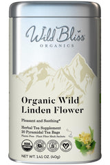 Wild Bliss Linden Flower Tea packaging highlights organic, caffeine-free calm.