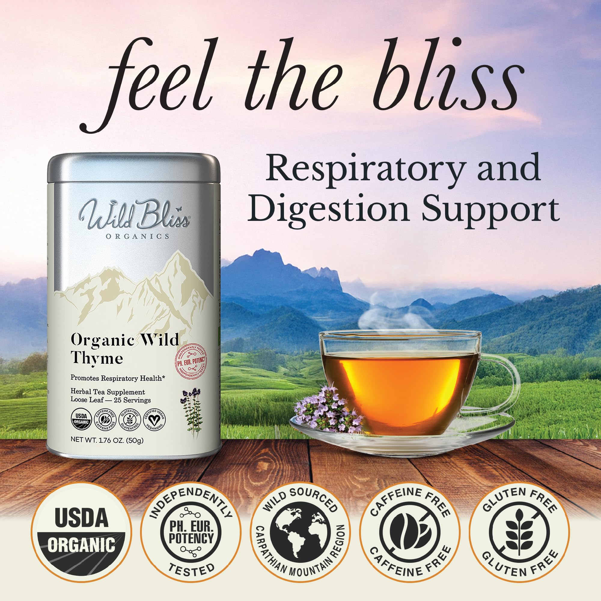 Wild Bliss loose-leaf thyme tea brew showcases fragrant aroma for a calming, caffeine-free moment.