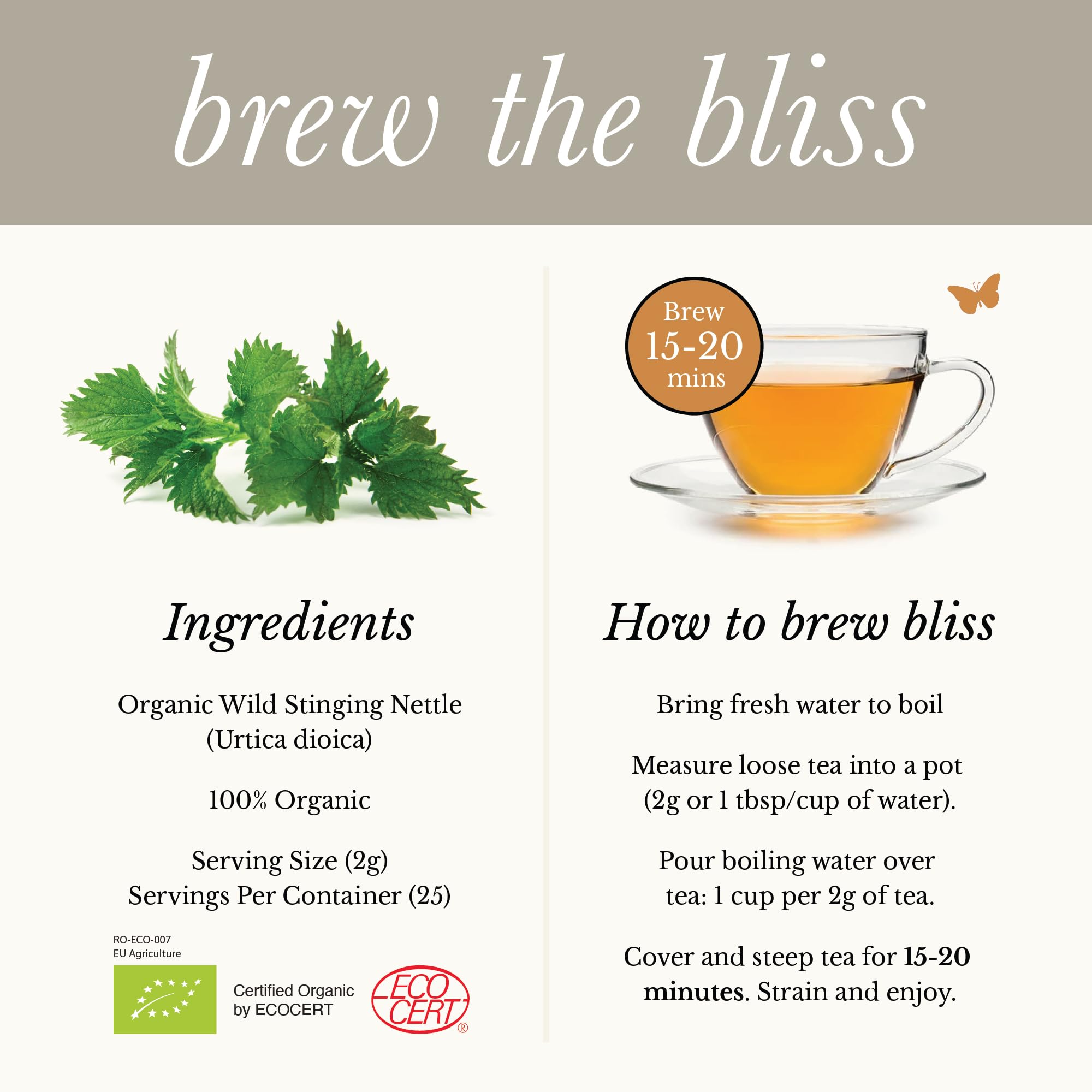 Wild Bliss nettle tea packaging label displayed in natural setting
