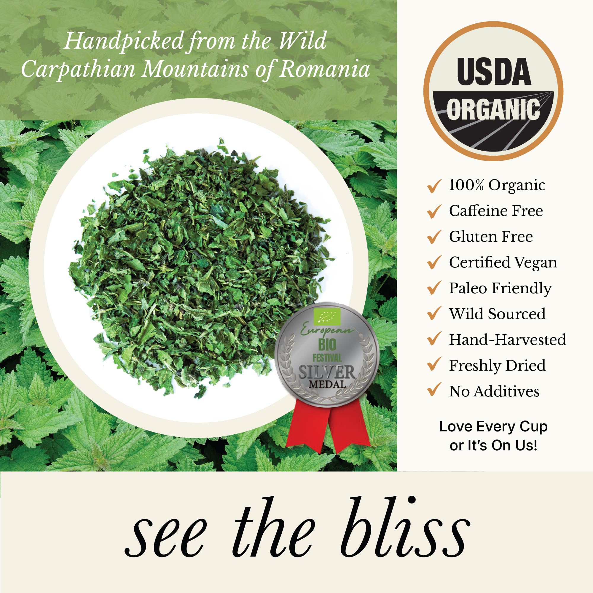 Close up Wild Bliss nettle leaves harvested in Romania