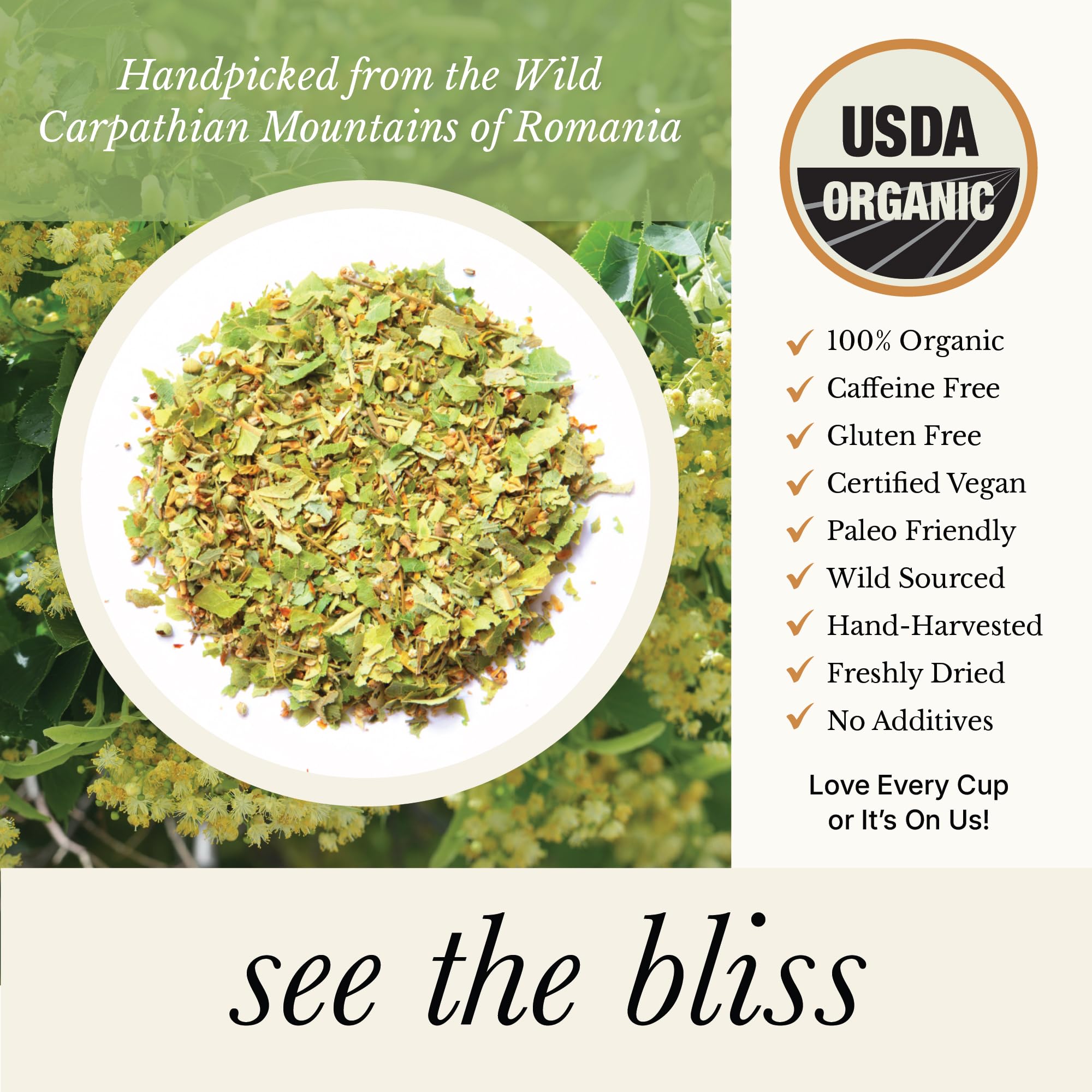 Wild Bliss Organic Linden Harvest harvested from wild Carpathian hills.
