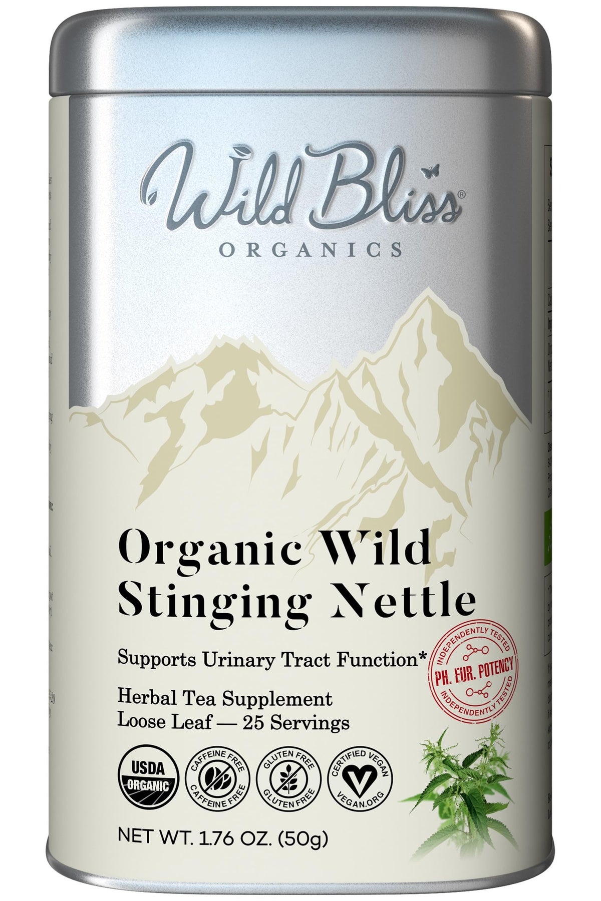 Wild Bliss nettle tea leaves in a loose-leaf basket for a caffeine free wellness infusion