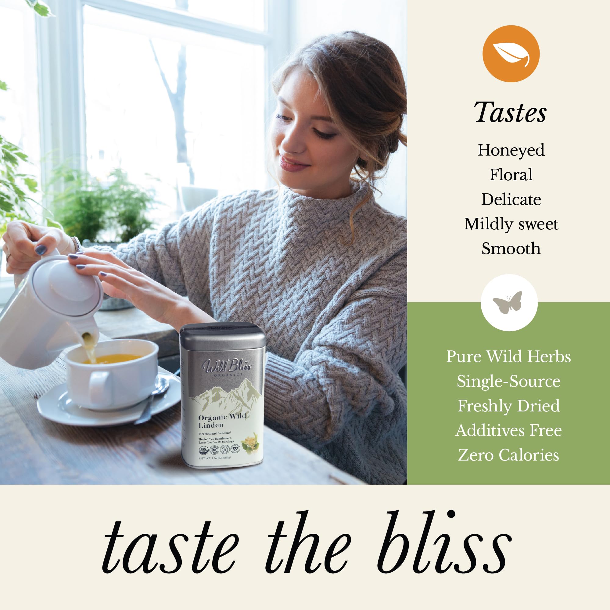 Wild Bliss Packaging detail highlights sustainable sourcing and quality control.