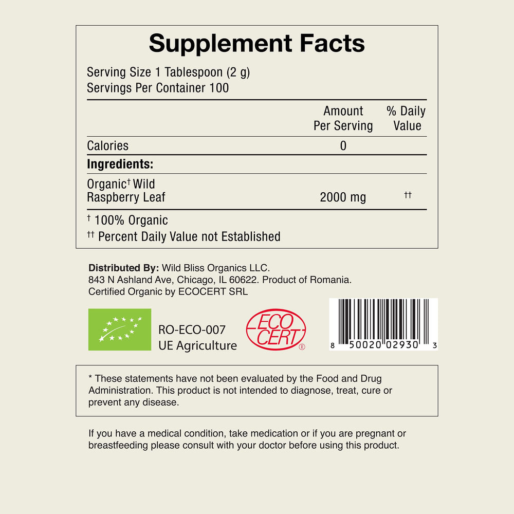 Wild Bliss raspberry leaf tea packaging closeup highlighting organic certification