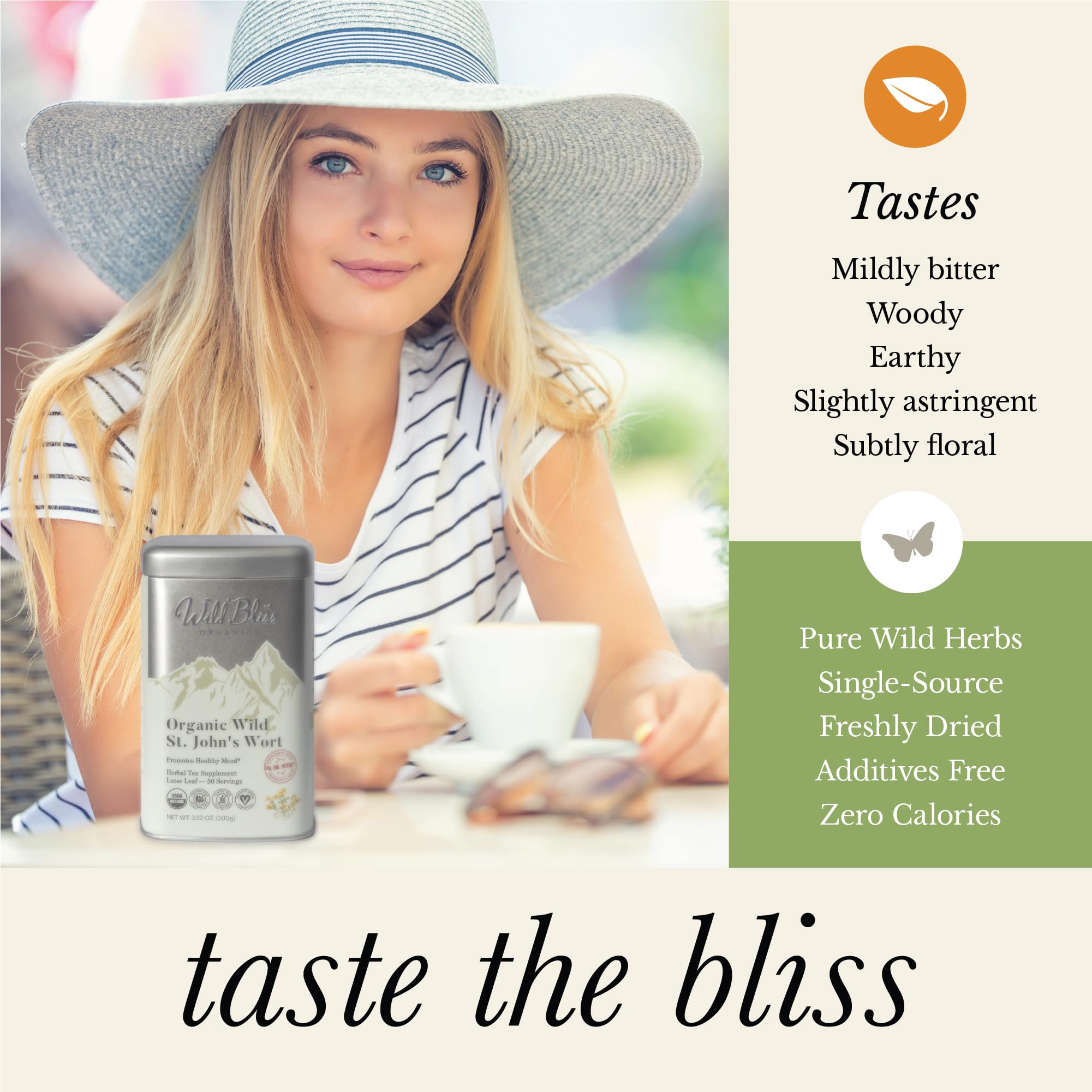 Wild Bliss St John's Wort Tea cup-steaming ready to sip for mood support