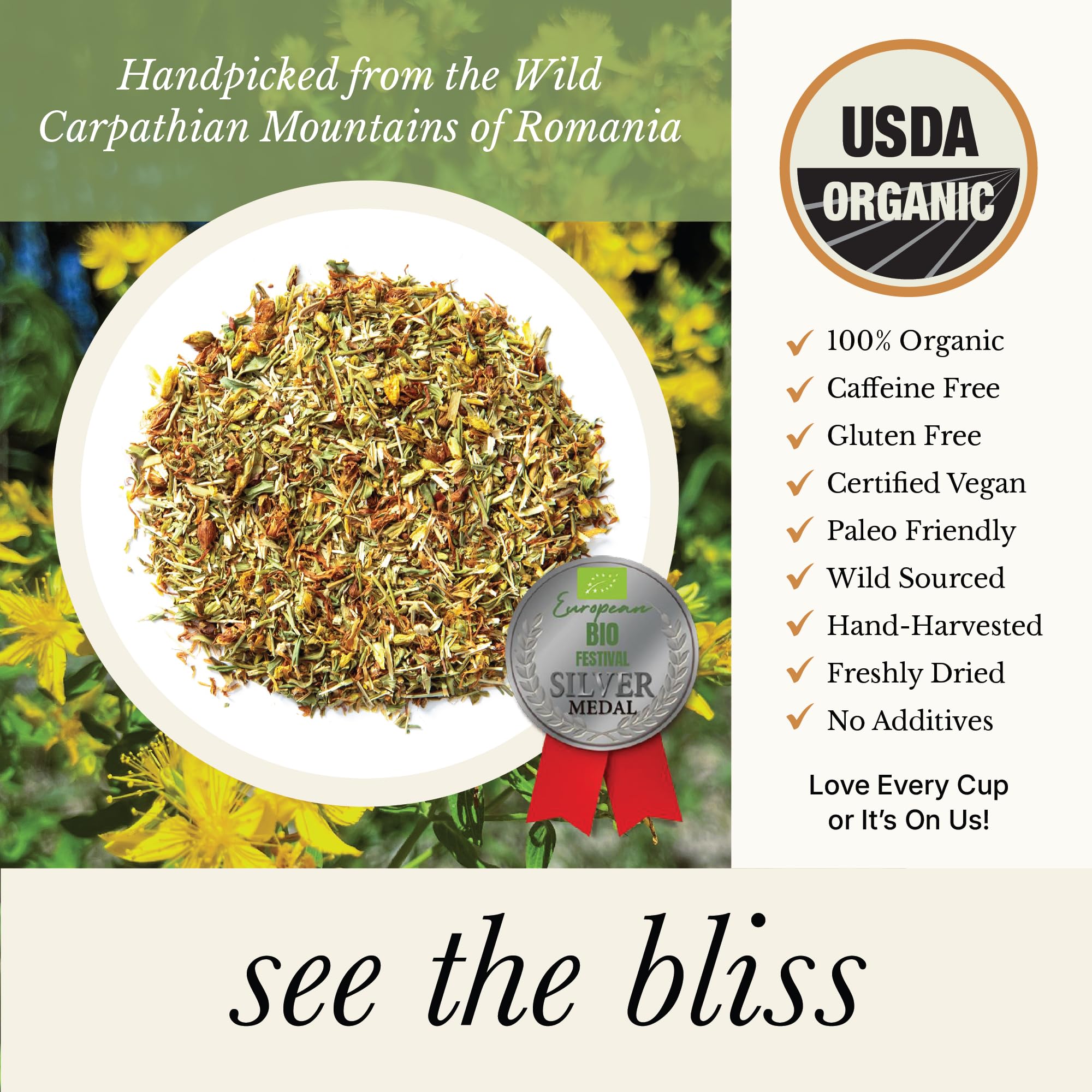 Wild Bliss St John's Wort Tea flower-closeup highlights natural ingredients for mood balance