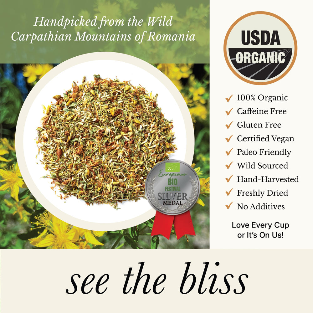 Wild Bliss St John's Wort Tea flower-closeup highlights natural ingredients for mood balance