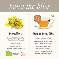 Wild Bliss St John's Wort Tea packaging-label emphasizes organic potency