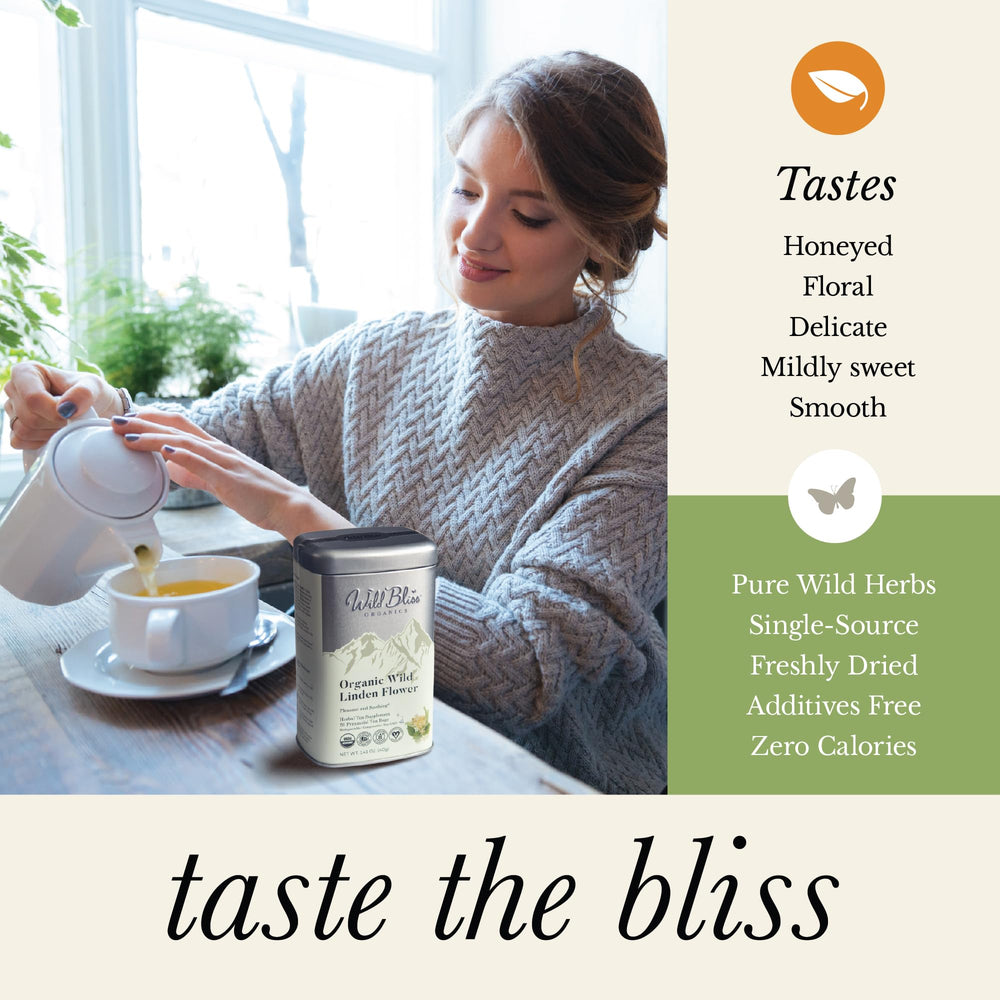 Wild Bliss Tea Bags close-up show pure organic ingredients.