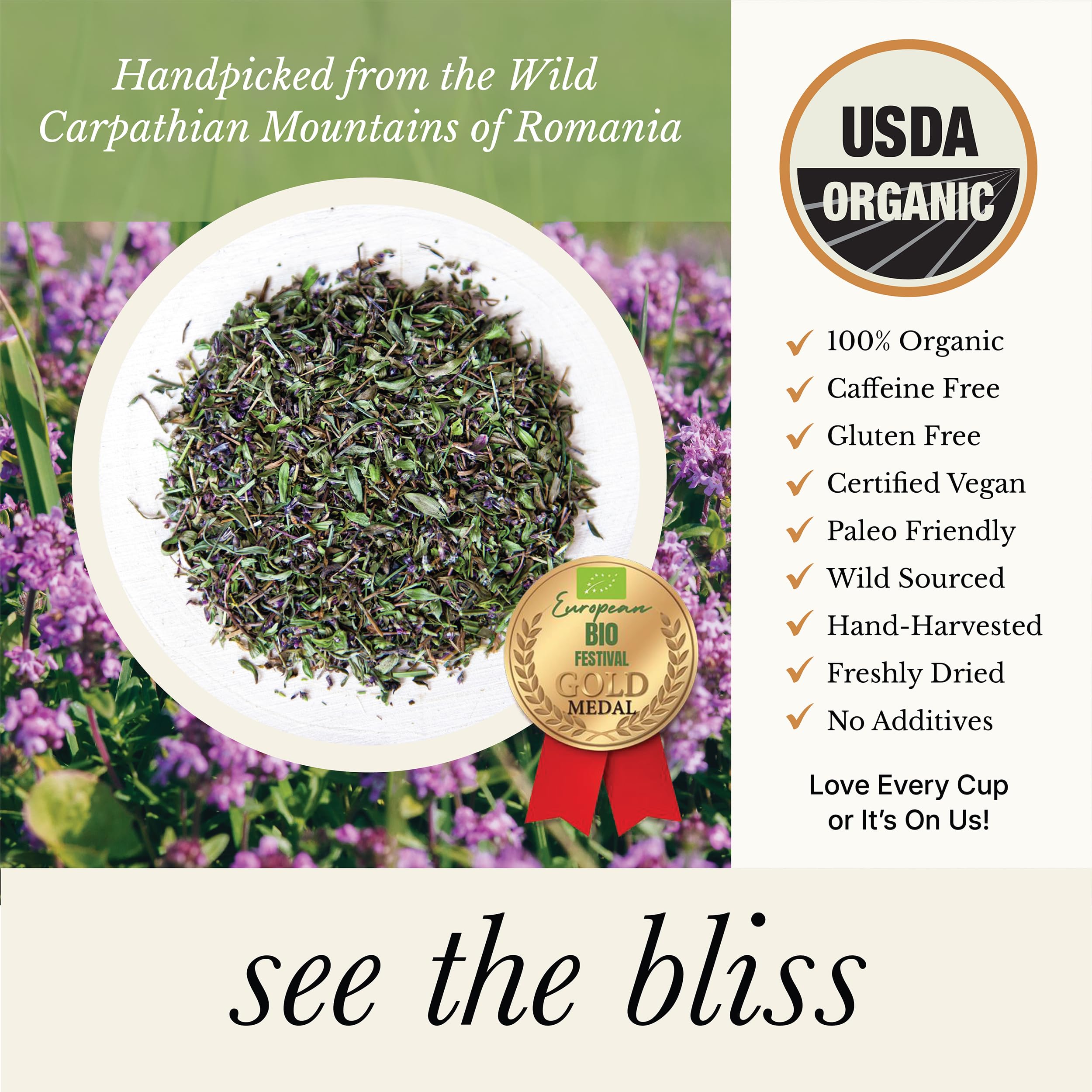 Wild Bliss thyme ingredients close-up emphasizes thymol-rich scent and fresh, natural quality.
