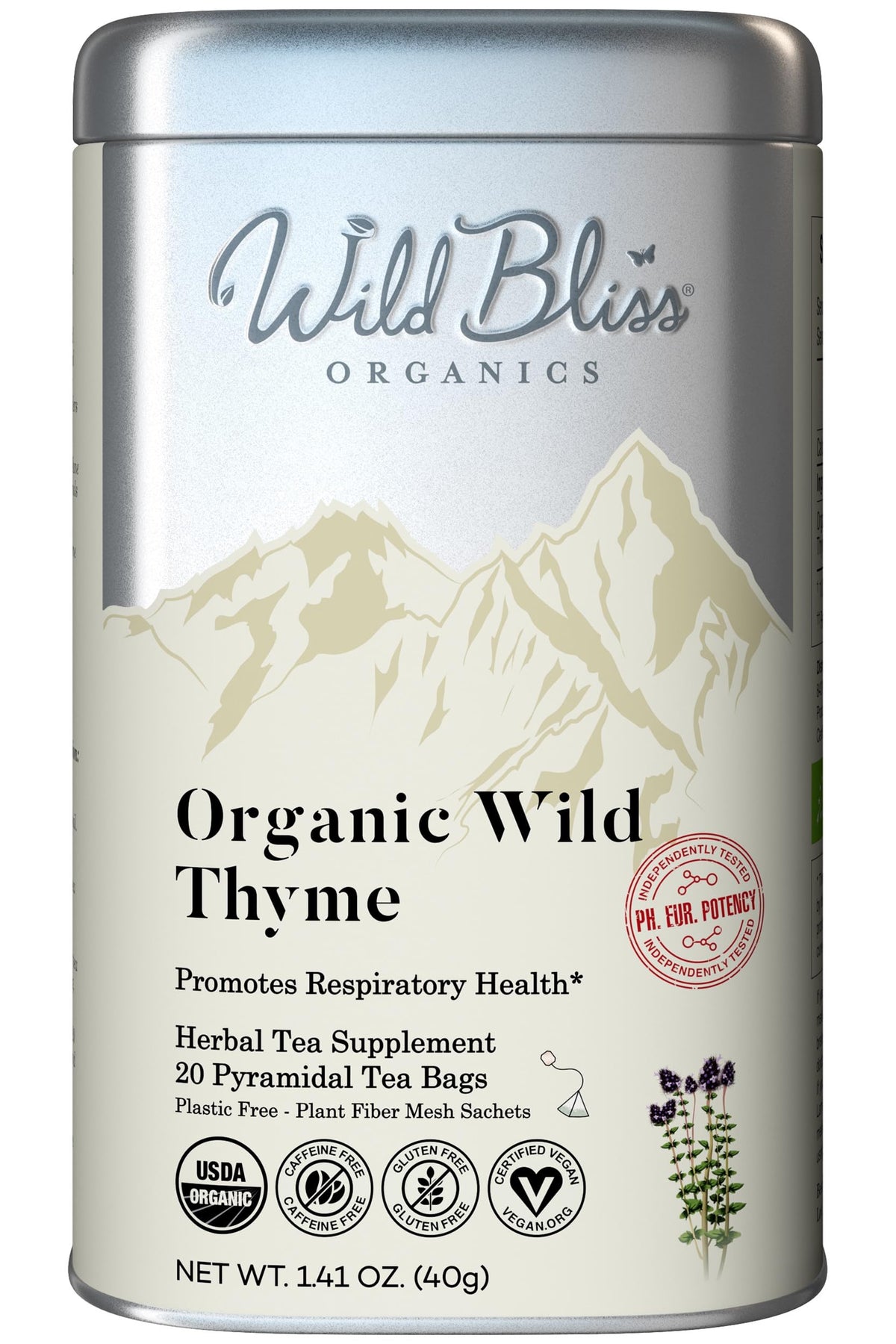 Wild Bliss Wild Thyme Tea front bag shows clean packaging and pure infusion.