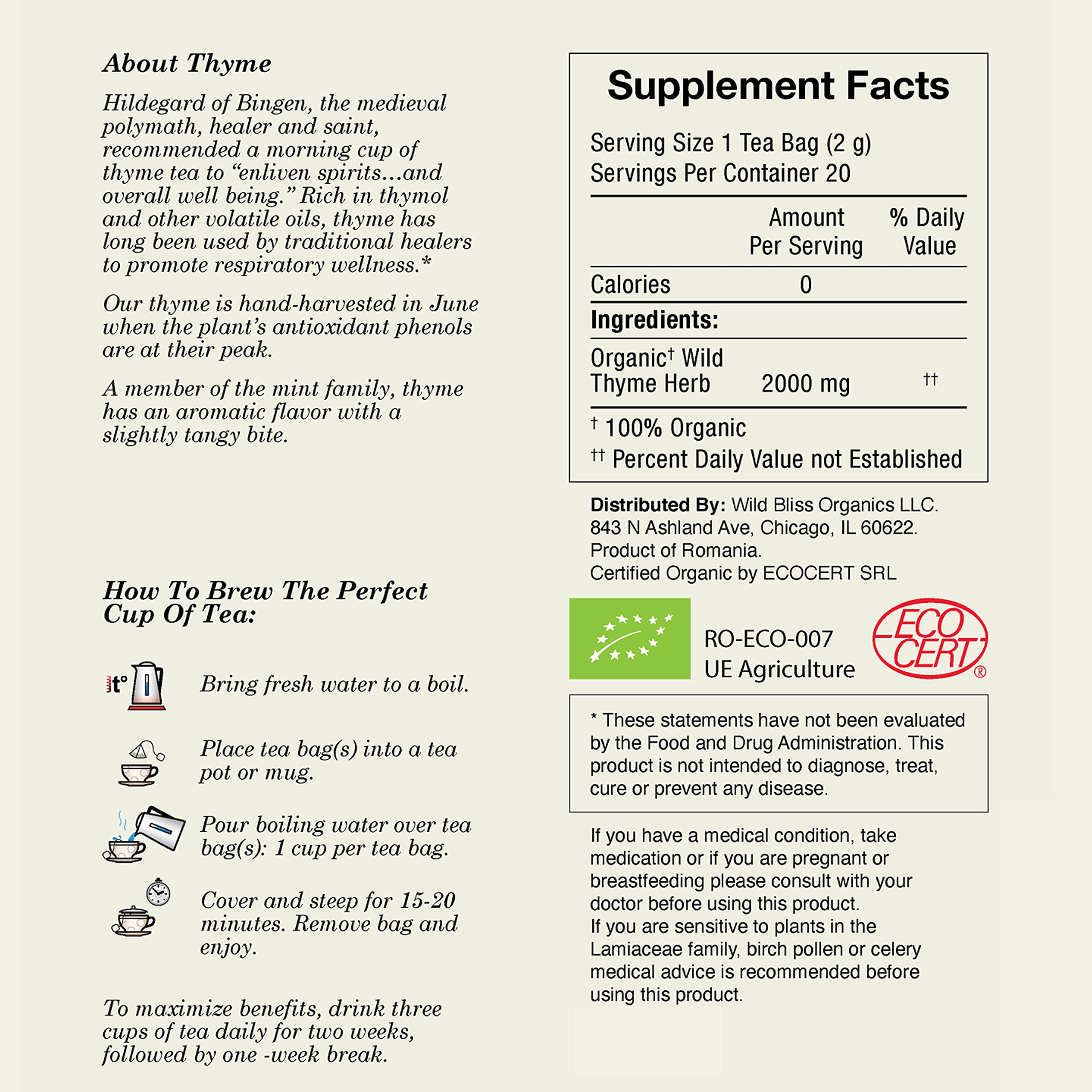 Wild Bliss Wild Thyme Tea label highlights USDA Organic status.