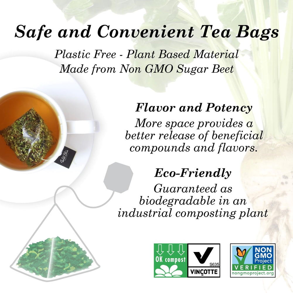 Wild Bliss Wild Thyme Tea pyramid bag emphasizes easy infusion and flavor.