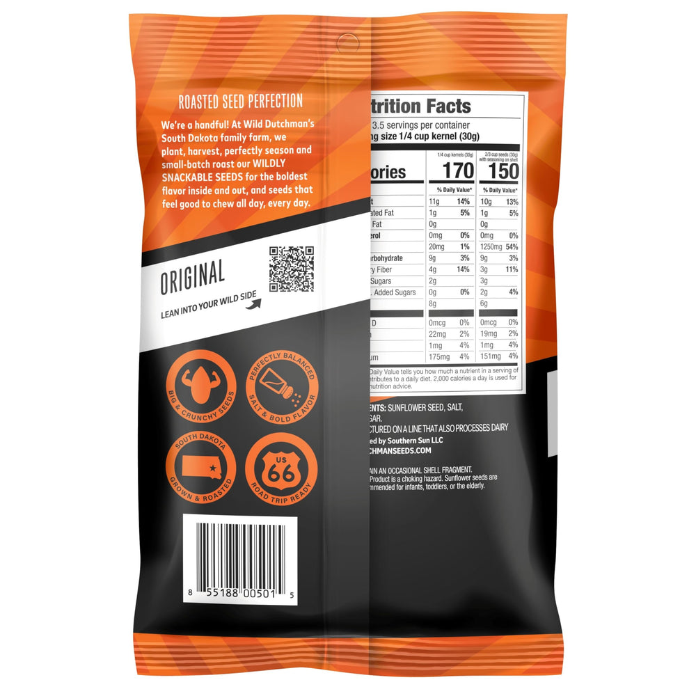 Wild Dutchman Cheddar Dill sunflower seeds in a resealable bag for savory flavor on the move.