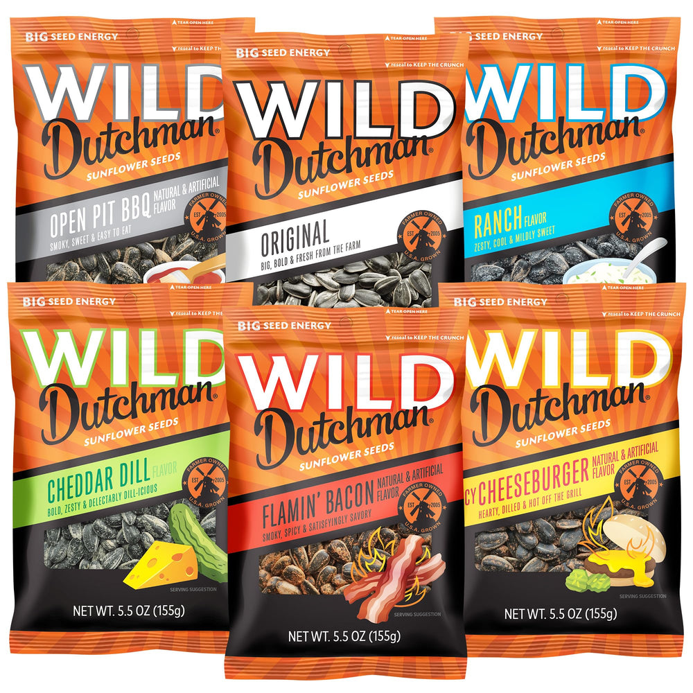 Wild Dutchman Original Salted sunflower seeds in a resealable bag for fresh, on-the-go snacking.