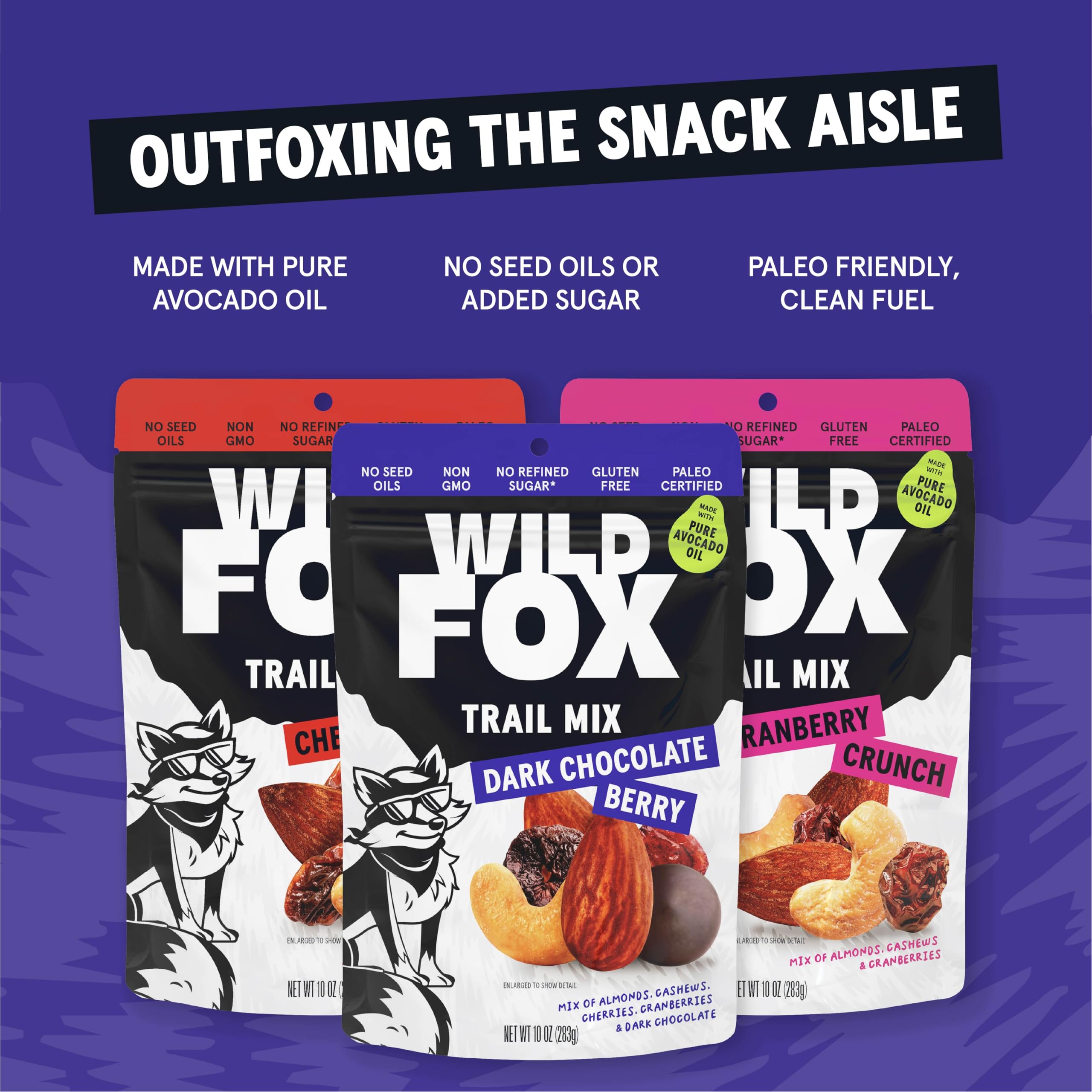 Wild Fox Trail Mix vegan-ingredient closeup highlights plant-based protein.