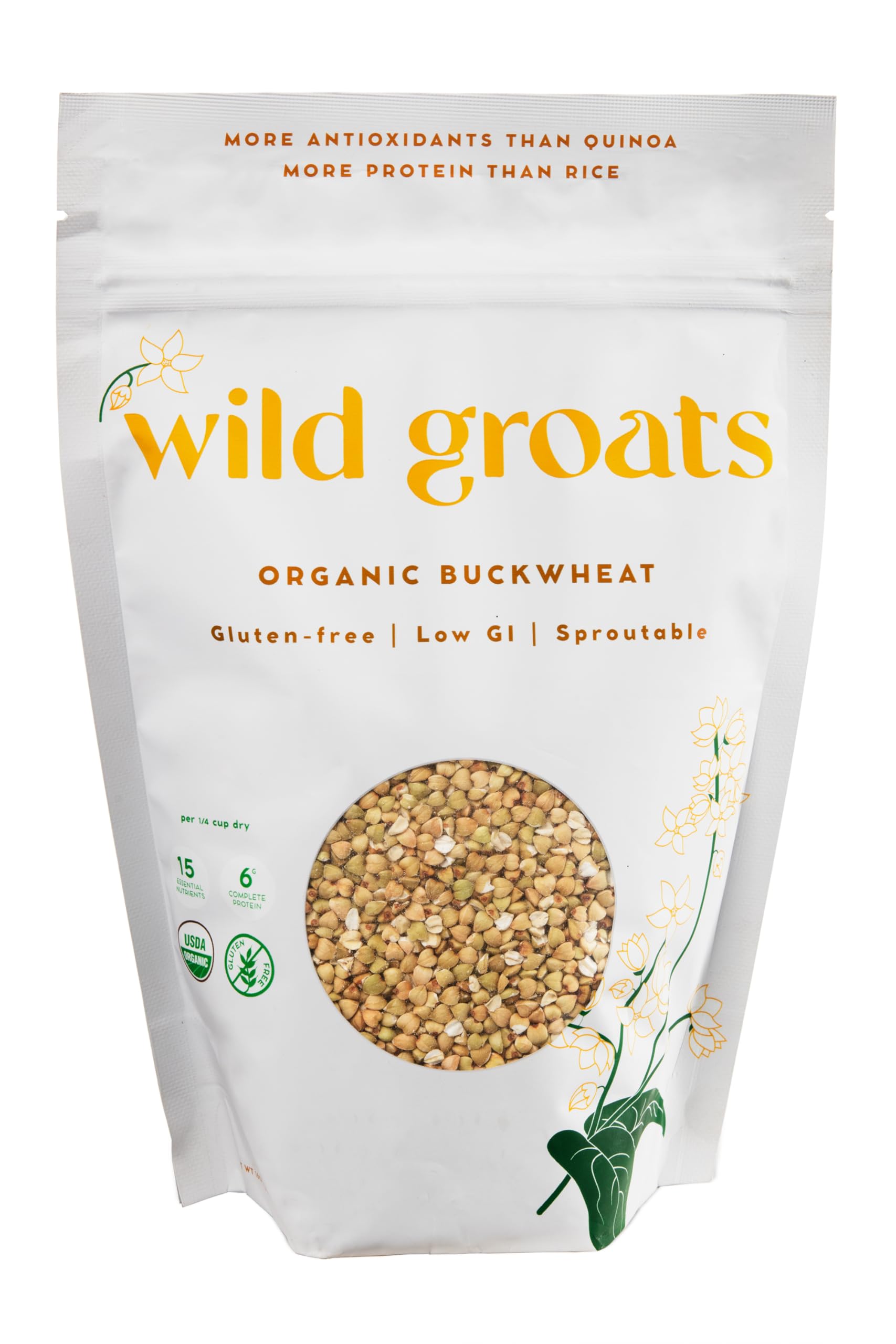 Wild Groats organic raw buckwheat pack—hulled seeds ready for sprouting and cooking.