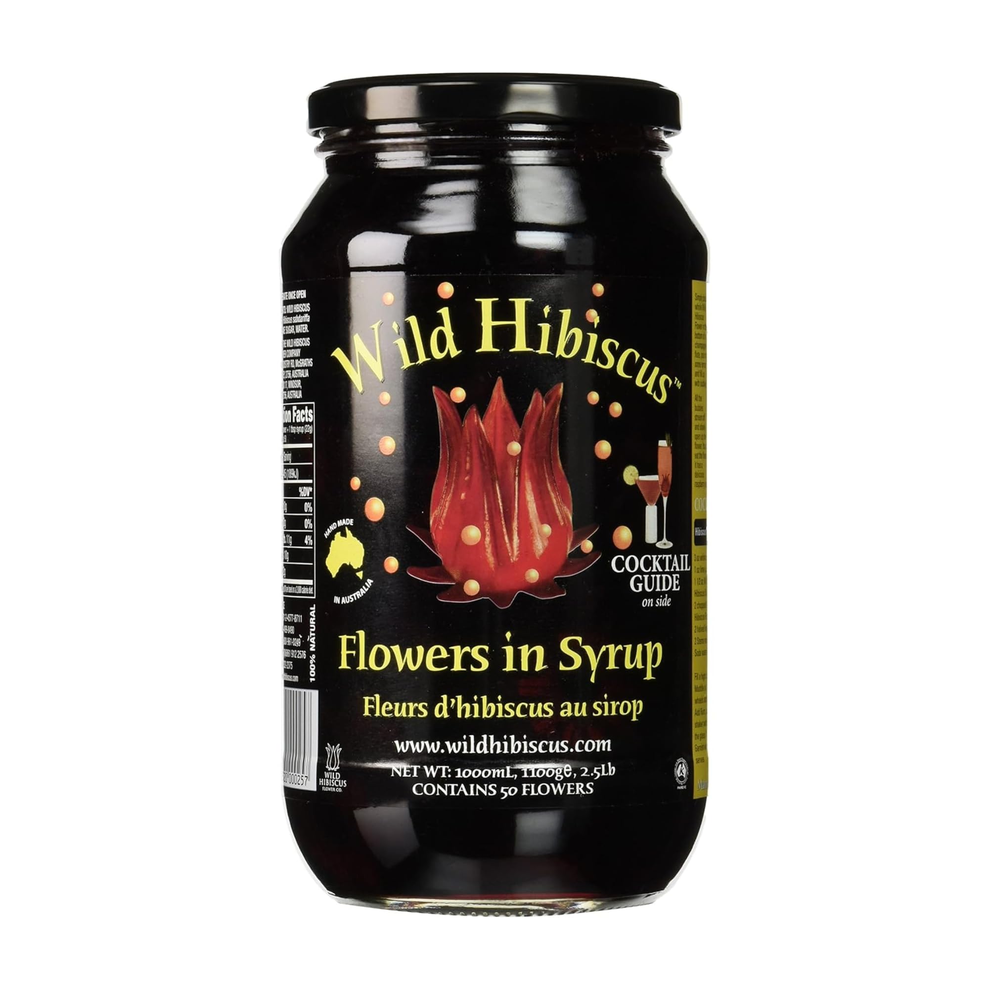 Wild Hibiscus Flowers in Syrup jar showing 50 edible blooms for drinks.