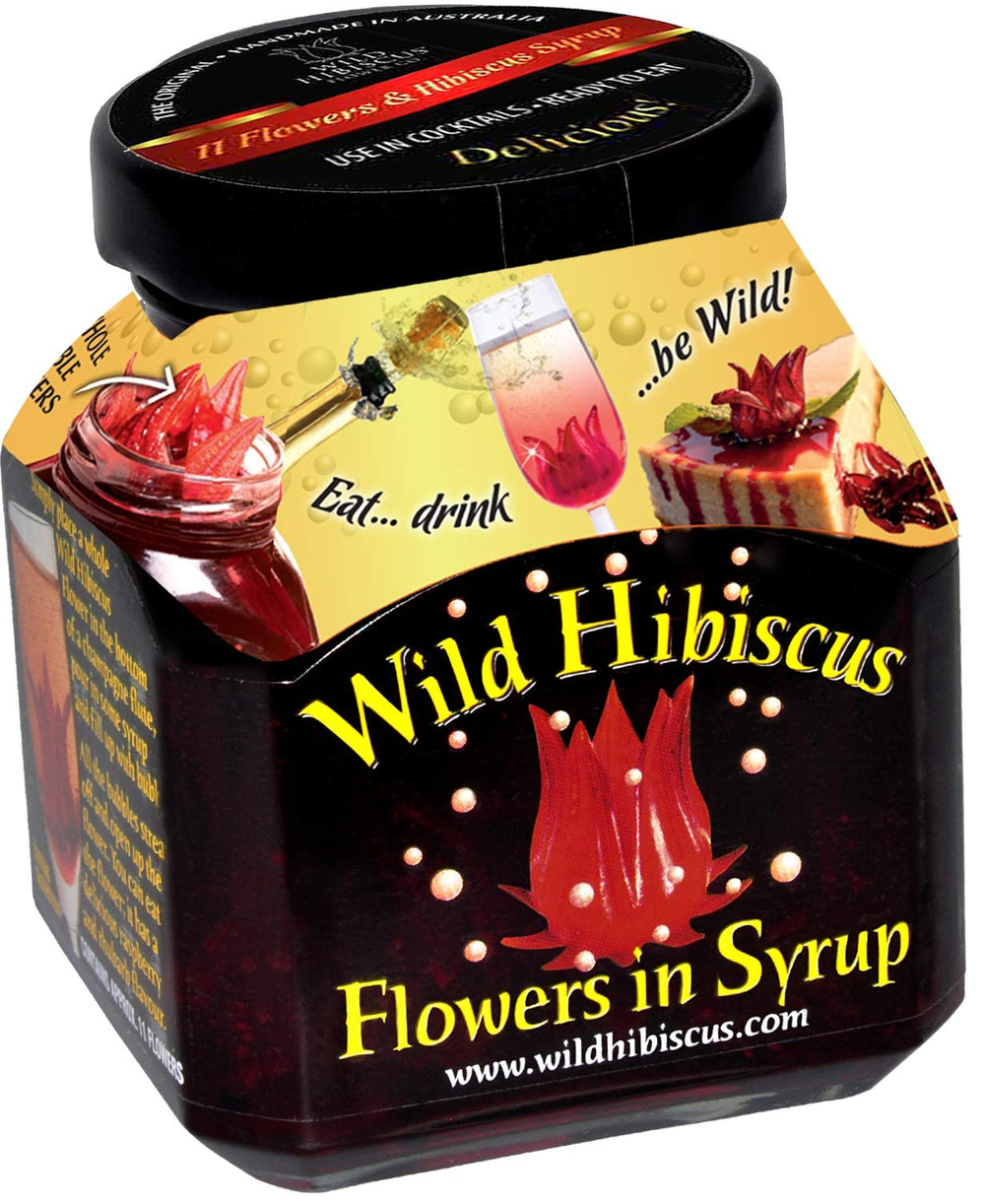 Wild Hibiscus Flowers in Syrup jar, premium garnish for cocktails and desserts.