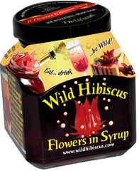 Wild Hibiscus Flowers in Syrup jar, premium garnish for cocktails and desserts.