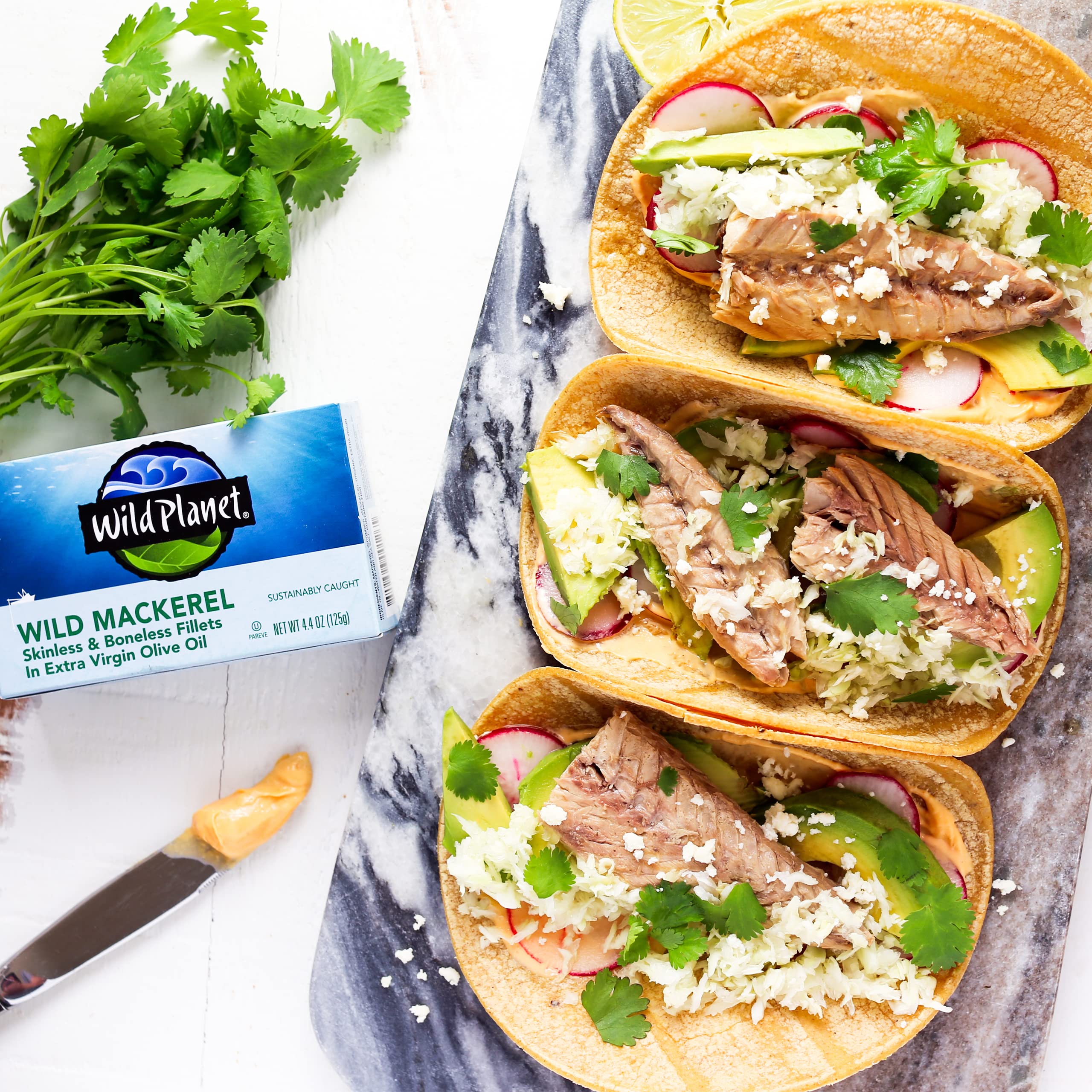 Wild Planet mackerel fillets with olive oil, ready to pair with sides or salads.