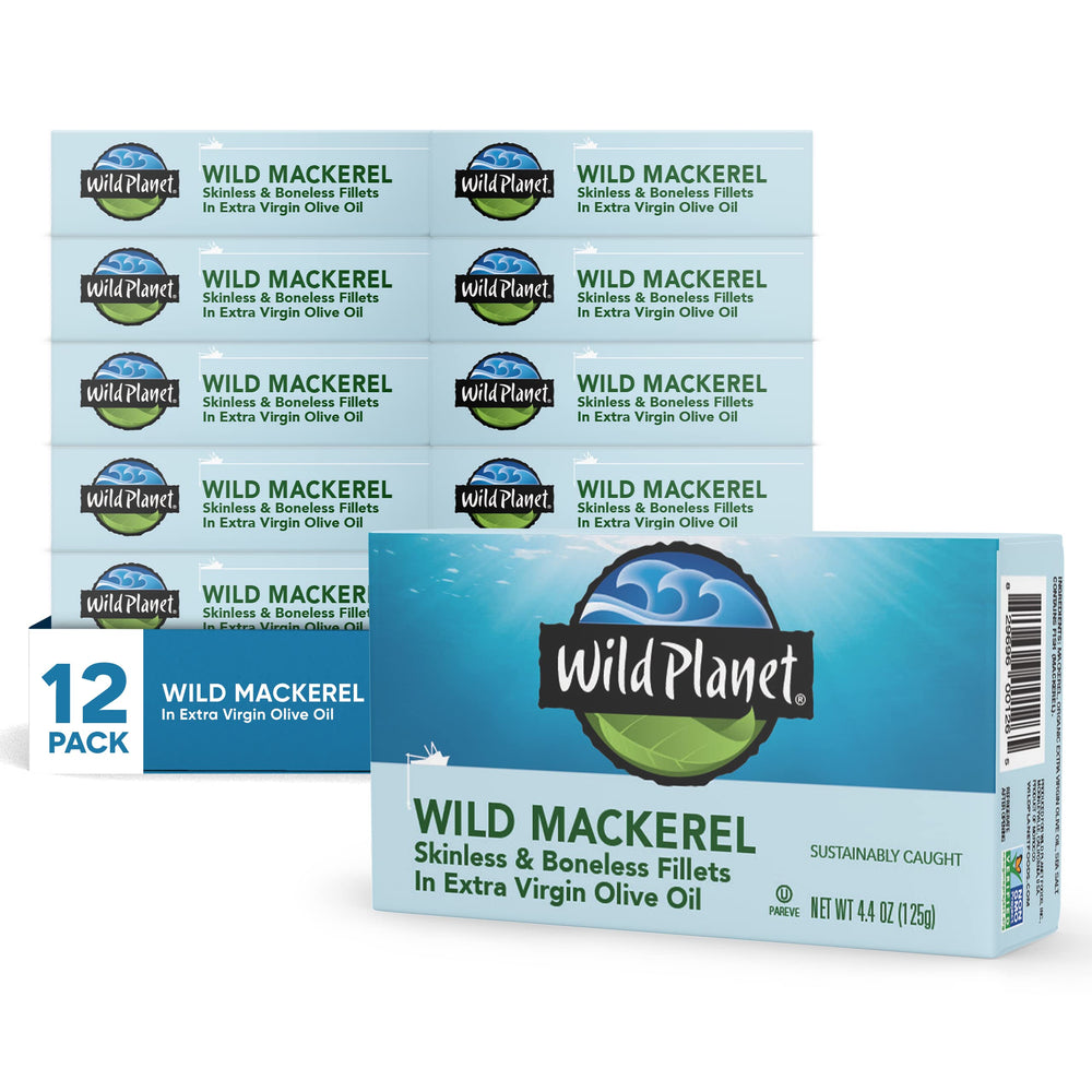 Wild Planet mackerel fillets in olive oil tin, a sustainably sourced protein option.