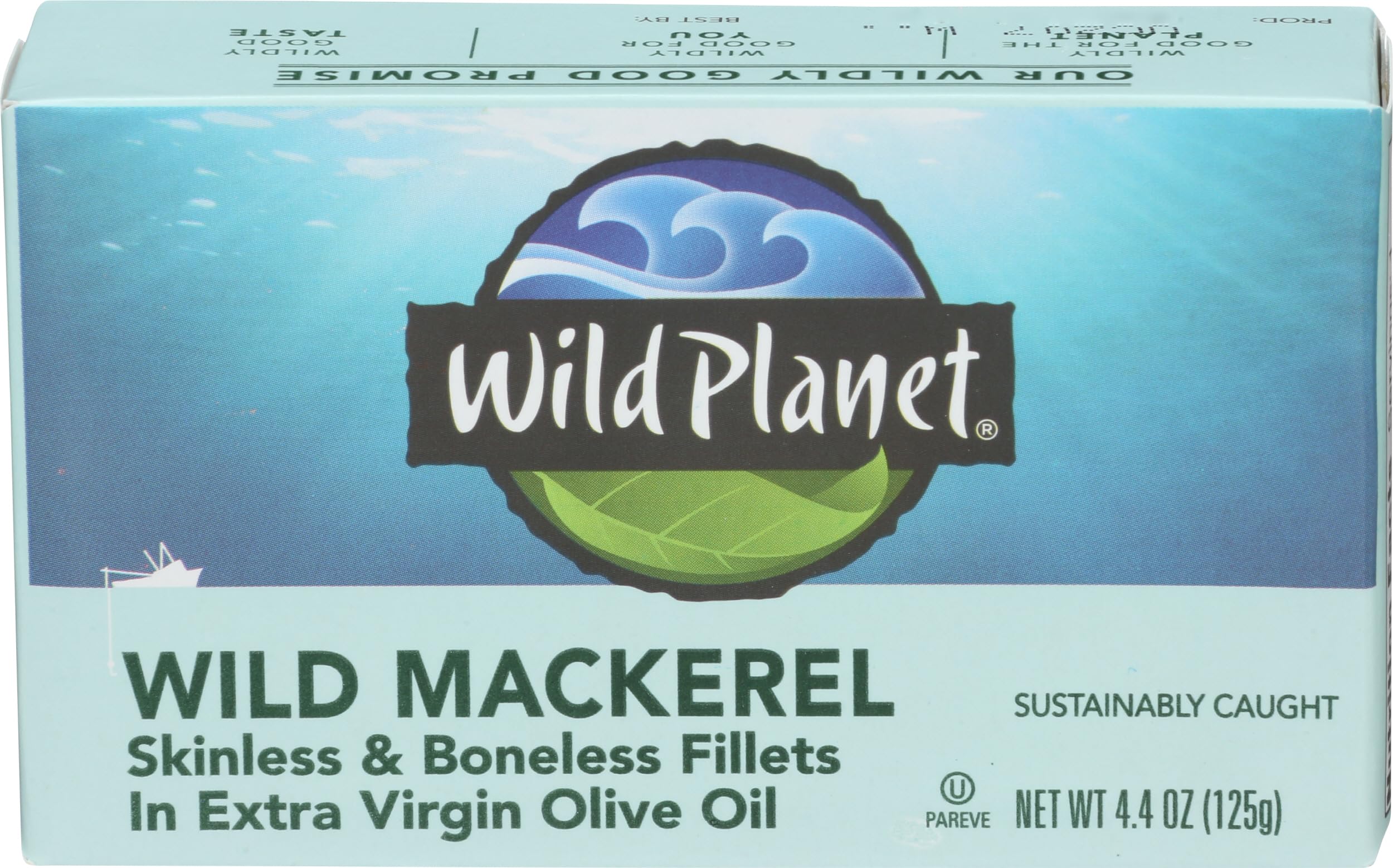 Wild Planet Mackerel fillets in olive oil, close-up, ready for quick meals.