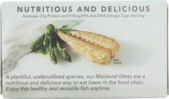 Wild Planet Mackerel fillets in olive oil on a fresh salad.