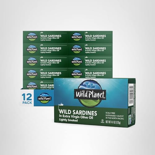 Pack of 12 Wild Planet sardines cans in a pantry-friendly bundle
