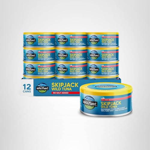 Wild Planet 12-pack tuna cans presenting pantry-ready, cost-effective seafood.