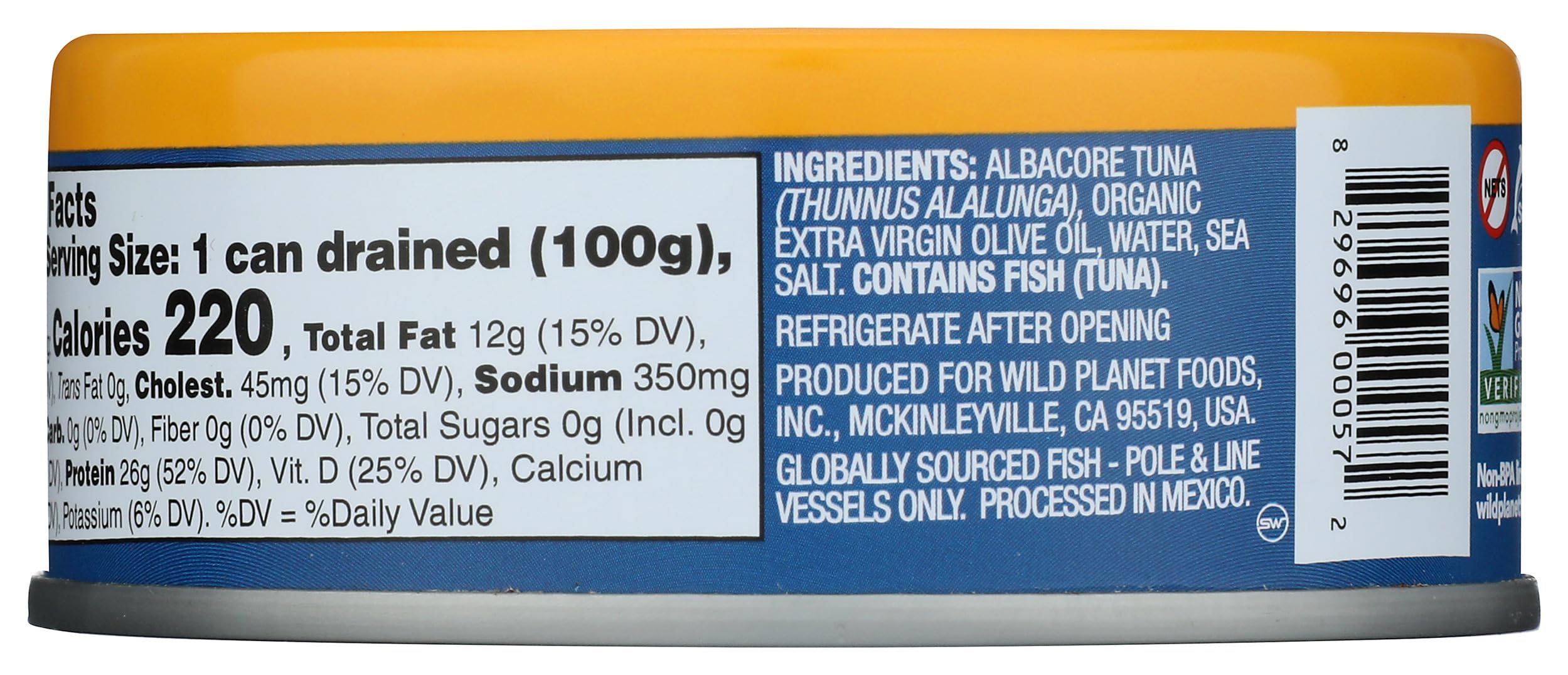 Wild Planet pole-and-line caught tuna; sustainability label on the can.