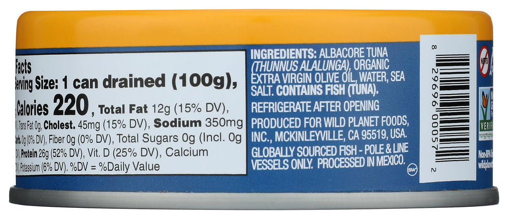 Wild Planet pole-and-line caught tuna; sustainability label on the can.