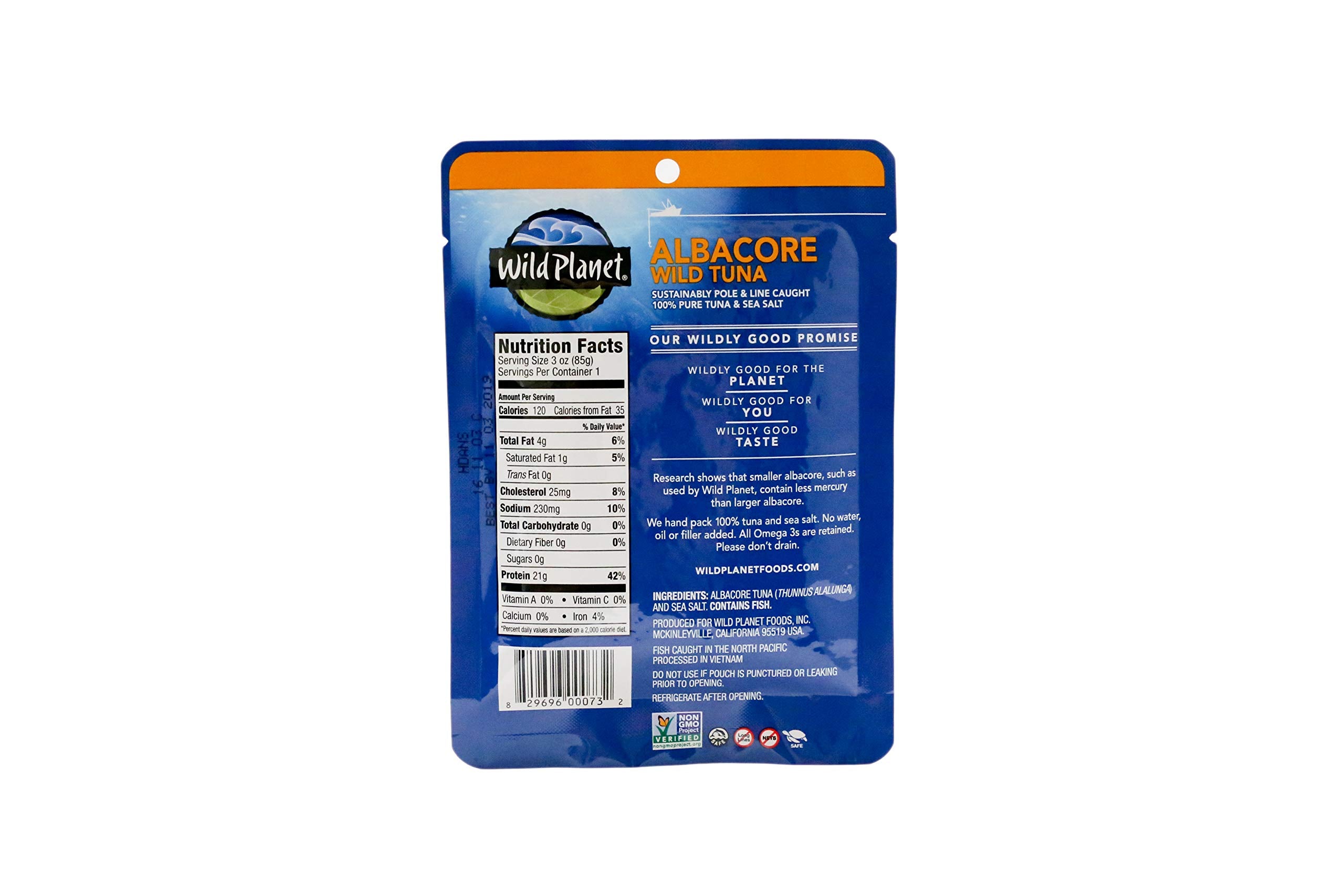 Wild Planet Pouch Tuna Wild Albacore ingredients label emphasizing quality ingredients